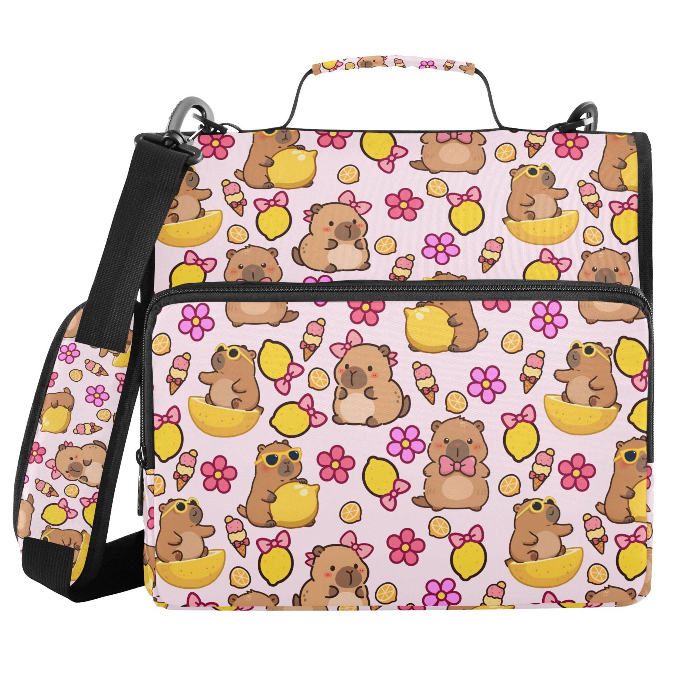 Zipper Binder Capybara Lemon Flower 1.5 Inch Binder Folder Bag with Shoulder Strap and Handle
