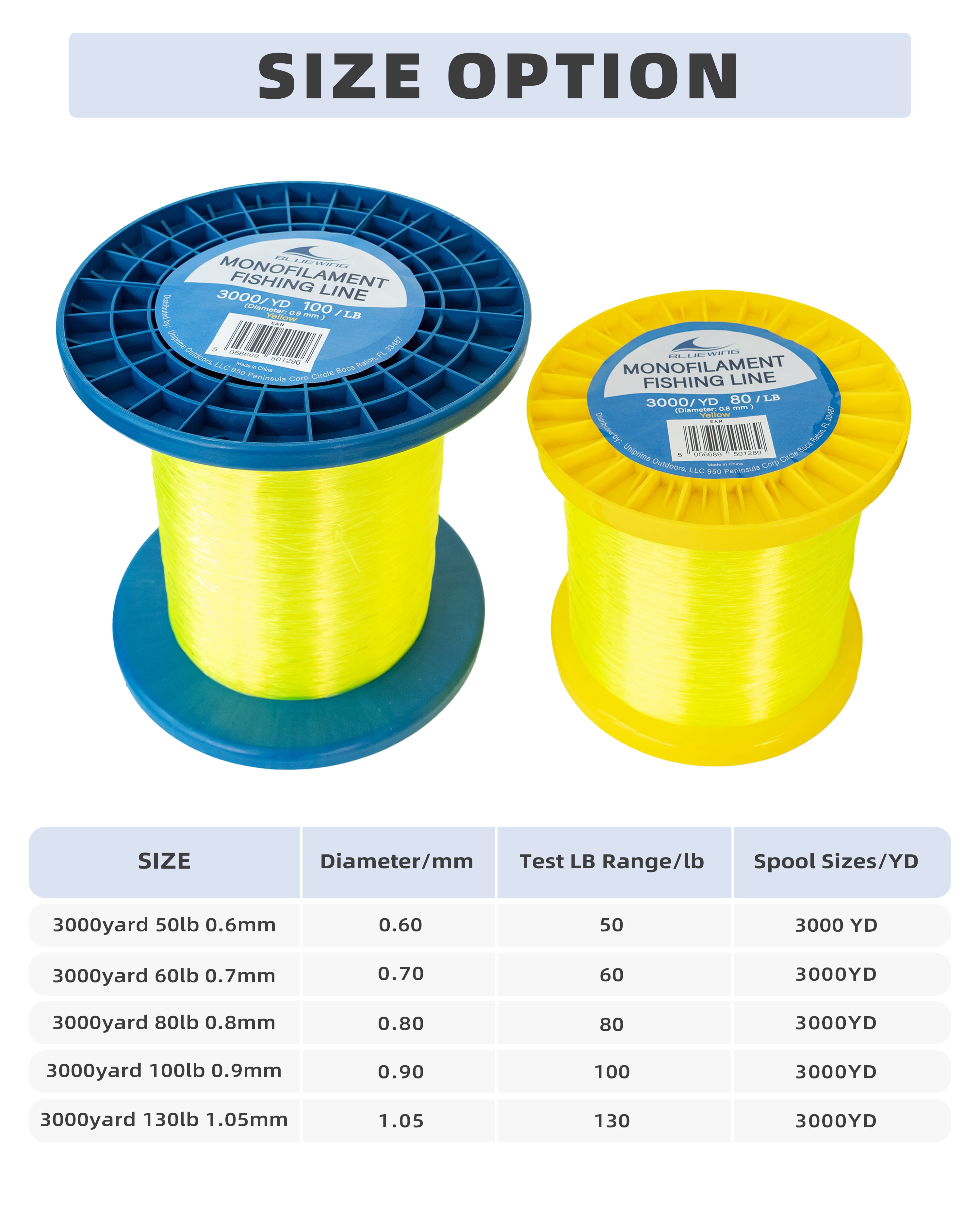 BLUEWING Monofilament Fishing Line 3000YD Invisible Thin Diameter Fishing String Mono Fishing Line, Dia.0.8mm*3000YD*80LB, Yellow