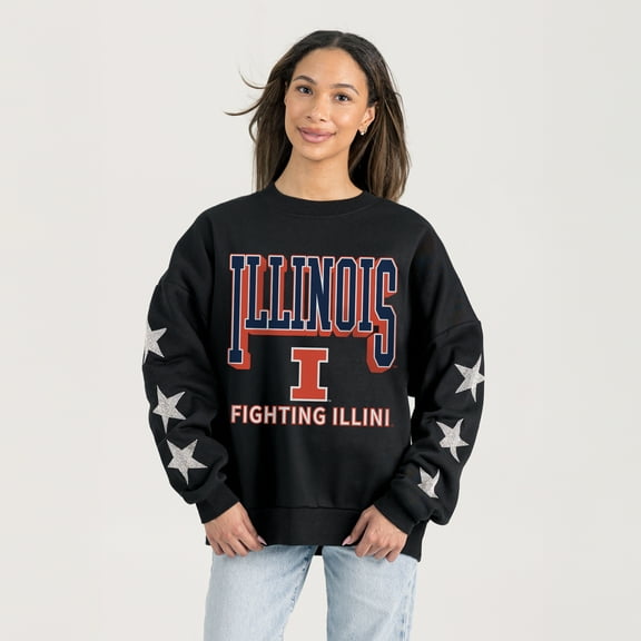 Women's Gameday Couture  Black Illinois Fighting Illini Pure Victory Relaxed Rhinestone Pullover Sweatshirt