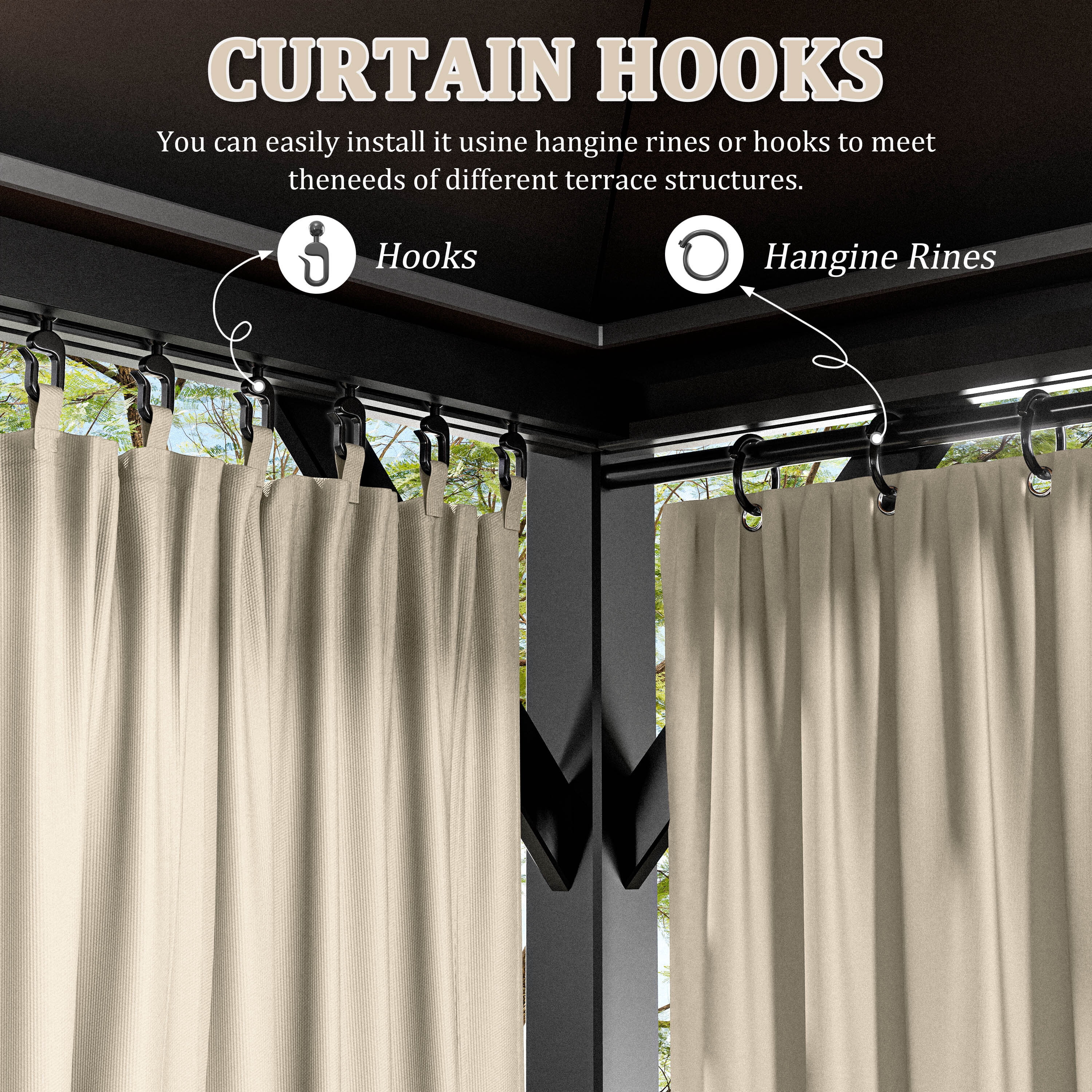Kimunuk Outdoor Replacement Curtains for 12' X 20' Gazebo, Waterproof 4-Panels Cream Gazebo Universal Privacy Sidewall Curtains with Zipper for Patio Garden Backyard, Curtain Only