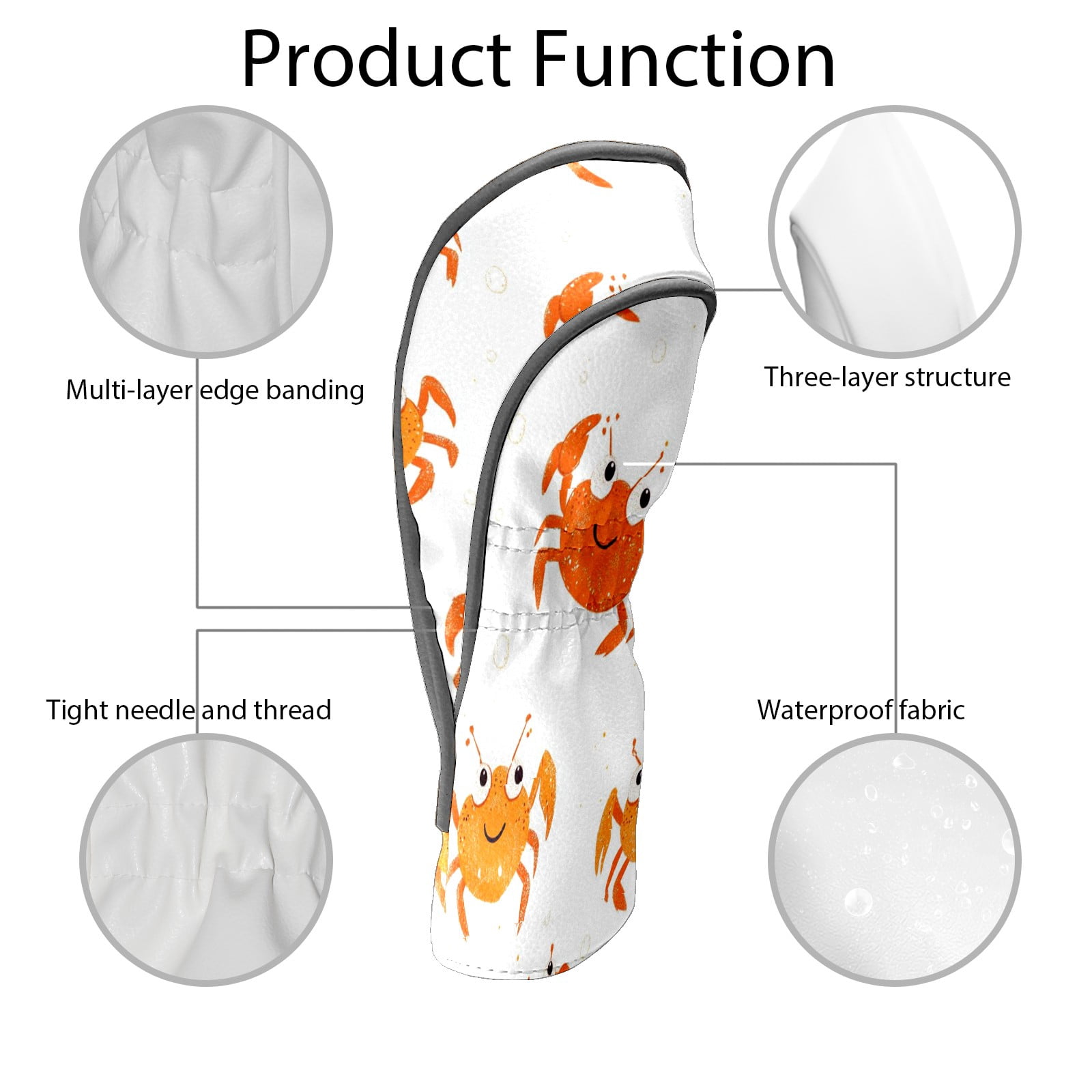 Golf Club Covers PU Leather Waterproof Head Covers for Fairway Woods Hybrids Crab Pattern Unisex Fits Most Brands