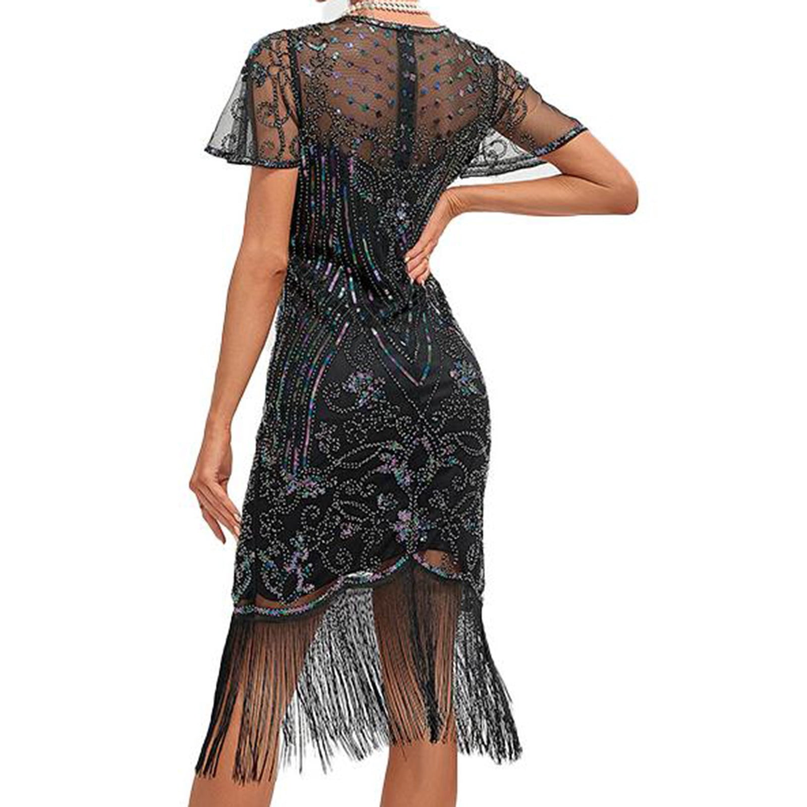 Flapper Dresses 1920S Dresses For Women,Crew Neck Great Gatsby Dresses With Sleeve Roaring 20S Dress For Harlem Nights Silver Xxxxl