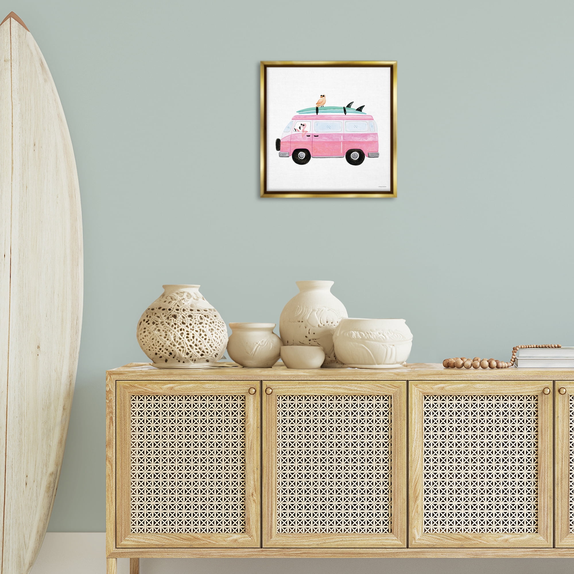 Stupell Industries Summer Birds & Van Transportation Painting Gold Floater Framed Canvas Art Print Wall Art, 18 x 18