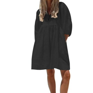 Kureaily Ladies Fashion Loose Solid Color V Neck Puffed Sleeve Cotton Linen Dress
