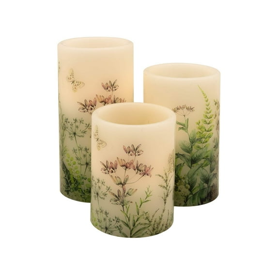 LumaBase Battery Operated Wax Candles with Floral Design - Set of 3