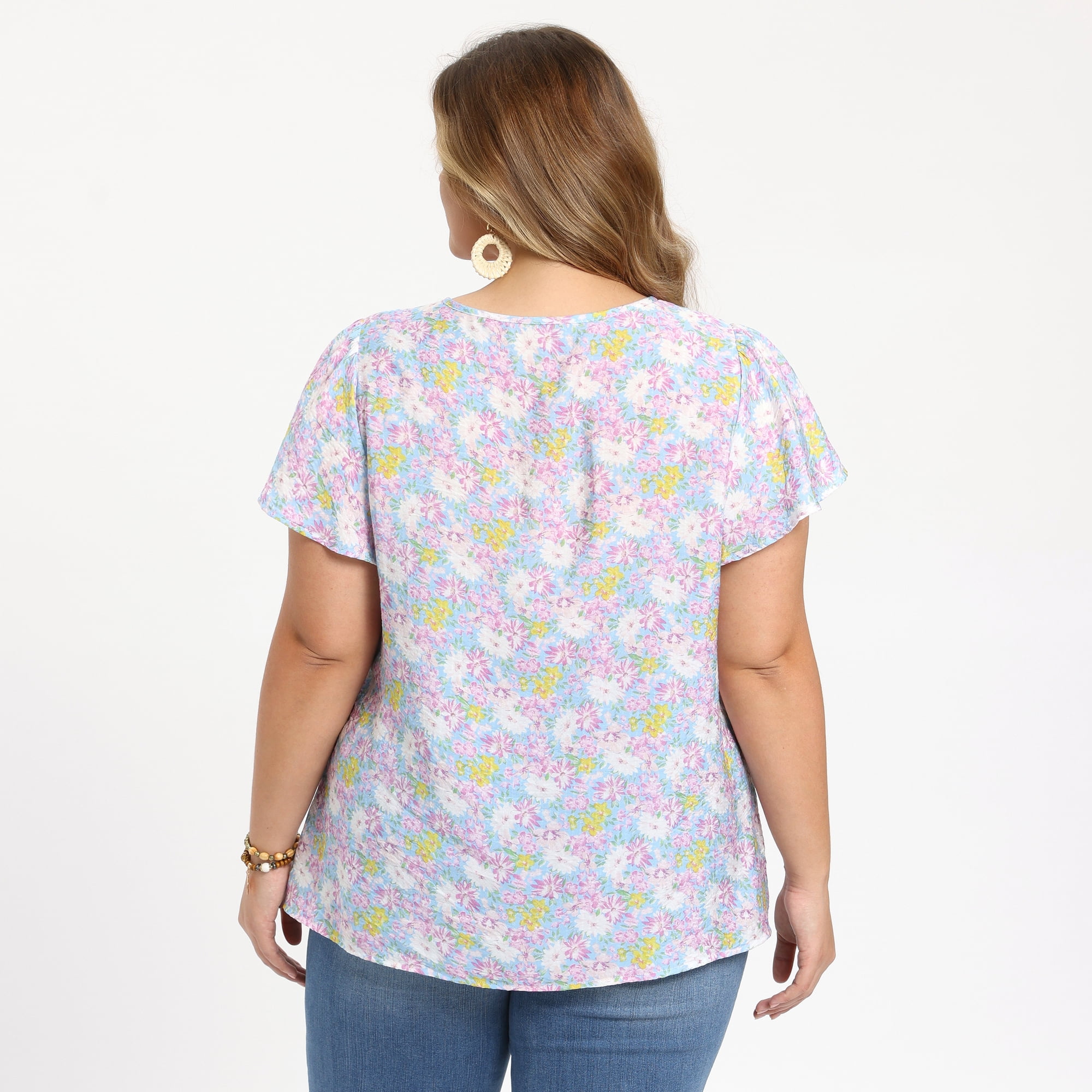 DARING DIVA Women's Plus Notch V Neck Ruffle Sleeve Floral Top 1X Light Purple