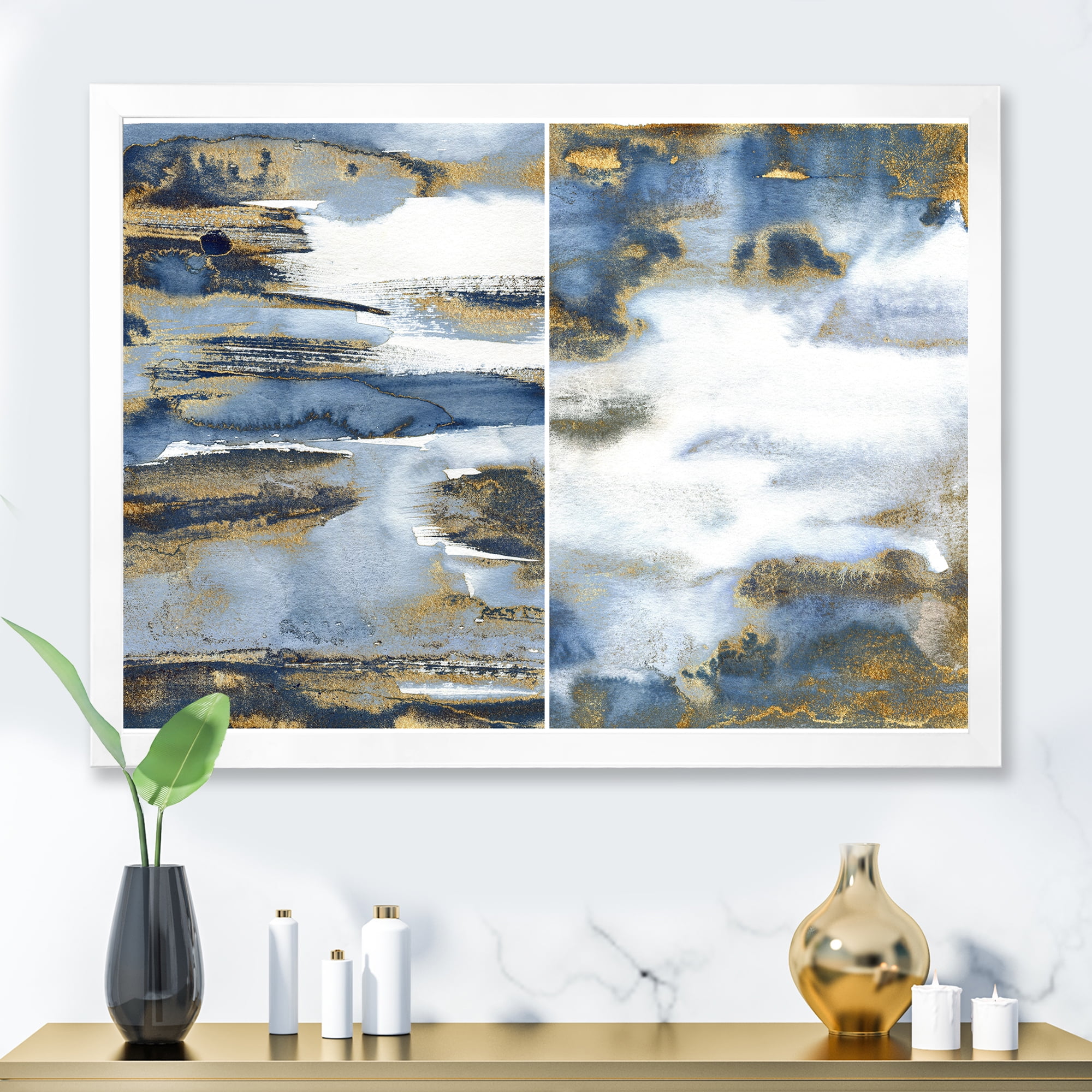 Designart 'Gold and Dark Blue Abstract Waves III' Modern Framed Art Print