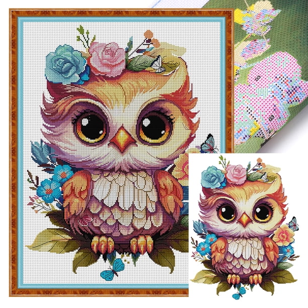 Kit Punto Cruz Con Flores Y Búhos Hilo Algodón Bordado 14 Quilates 43x55cm