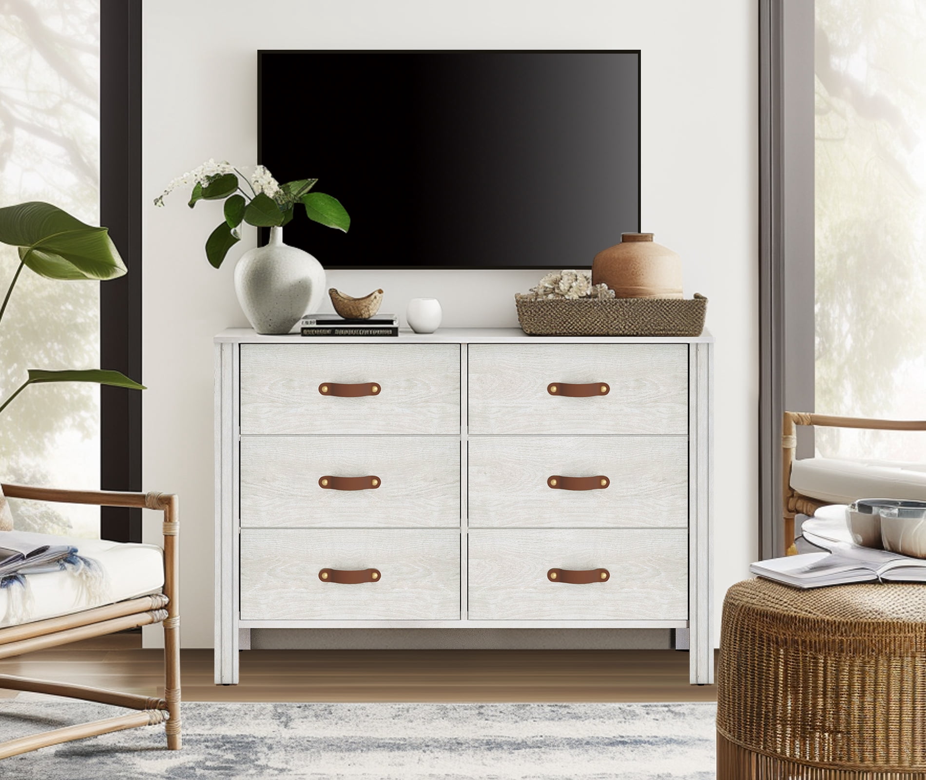 White Dresser for Bedroom, Wood Dresser with 6 Drawers, Kids Dresser Storage Cabinet for Living Room, Hallway