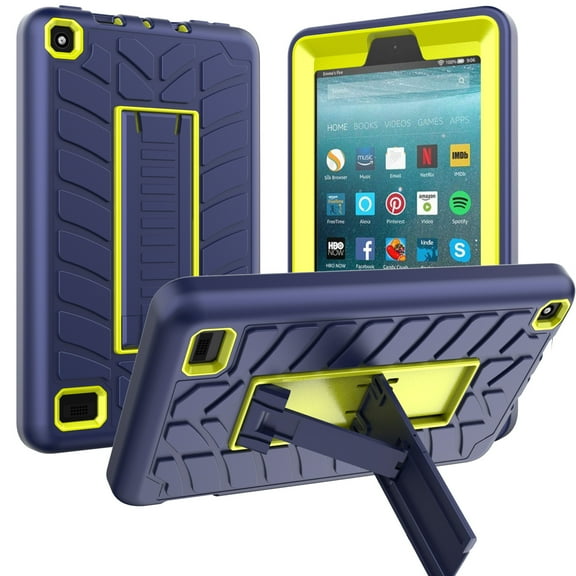 Allytech All-New Fire 7 Case 9th Generation 2019 Model, Heavy Duty Protective Back Cover with Kickstand Function Shockproof Cases Covers for 7 Inch Amazon Tablet Fire 7 2019, Darkblue/Green