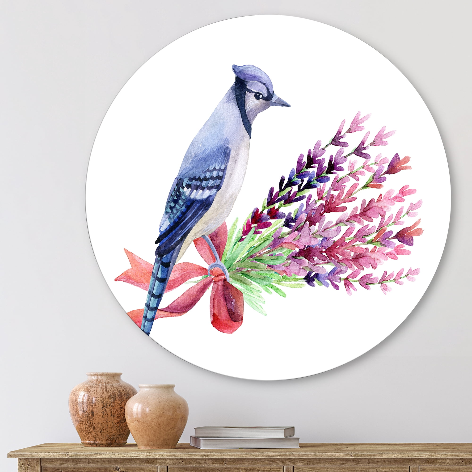 Designart 'Blue Jay Bird On Bouquet Of Pink Flowers' Traditional Circle Metal Wall Art 11x11 - Disc of 11