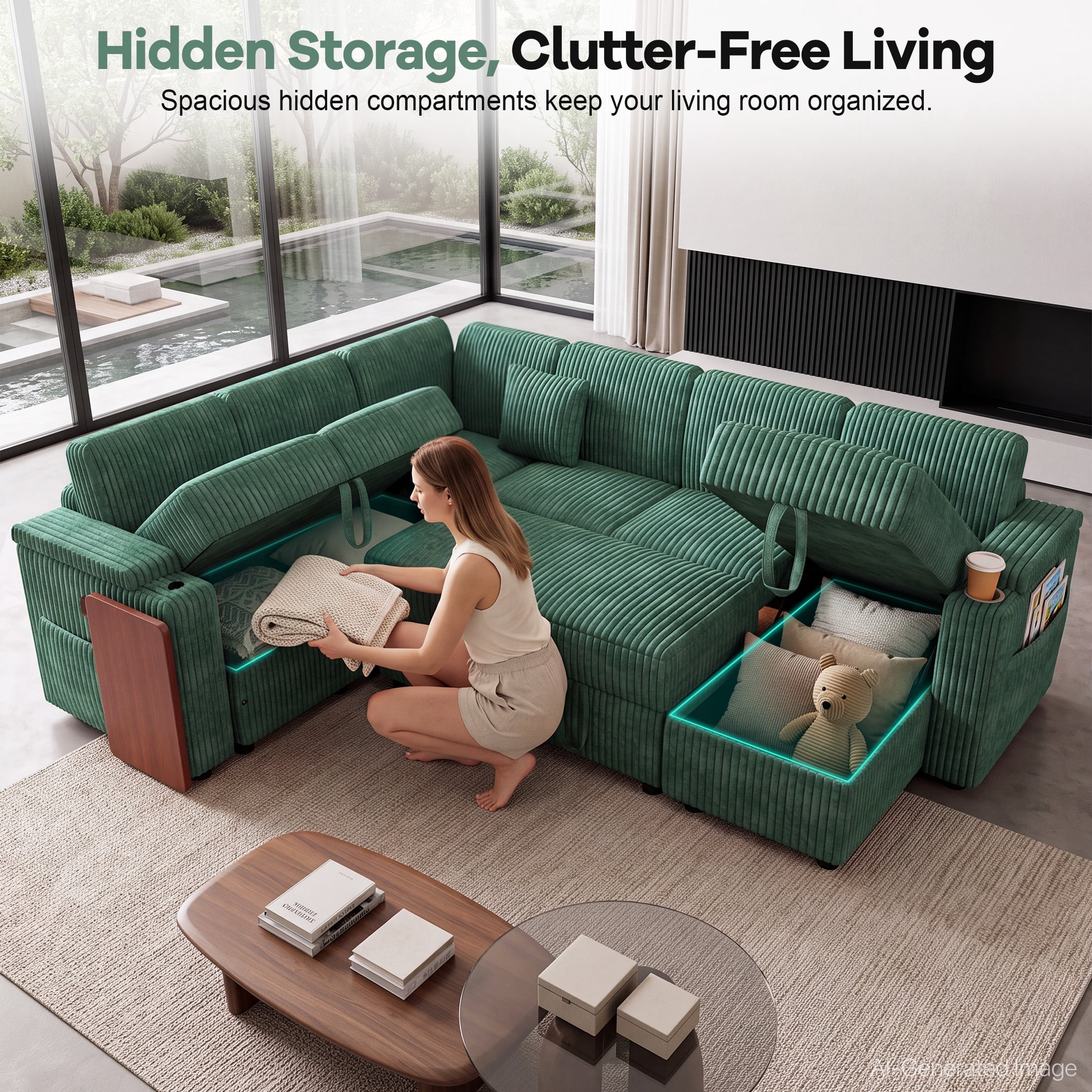 Aenkyo 7-Seat Corduroy U-Shaped Sectional Sleeper Sofa Bed with Storage Chaise and USB Charging, Green
