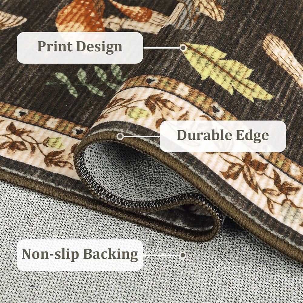 Washable Runner Rug Modern Insect Floral Print Area Rug Mushroom Carpet for Kitchen Stain Resistant Carpet with Non-Slip Backing Low Pile Floor Cover for Hallway Laundry Bedroom