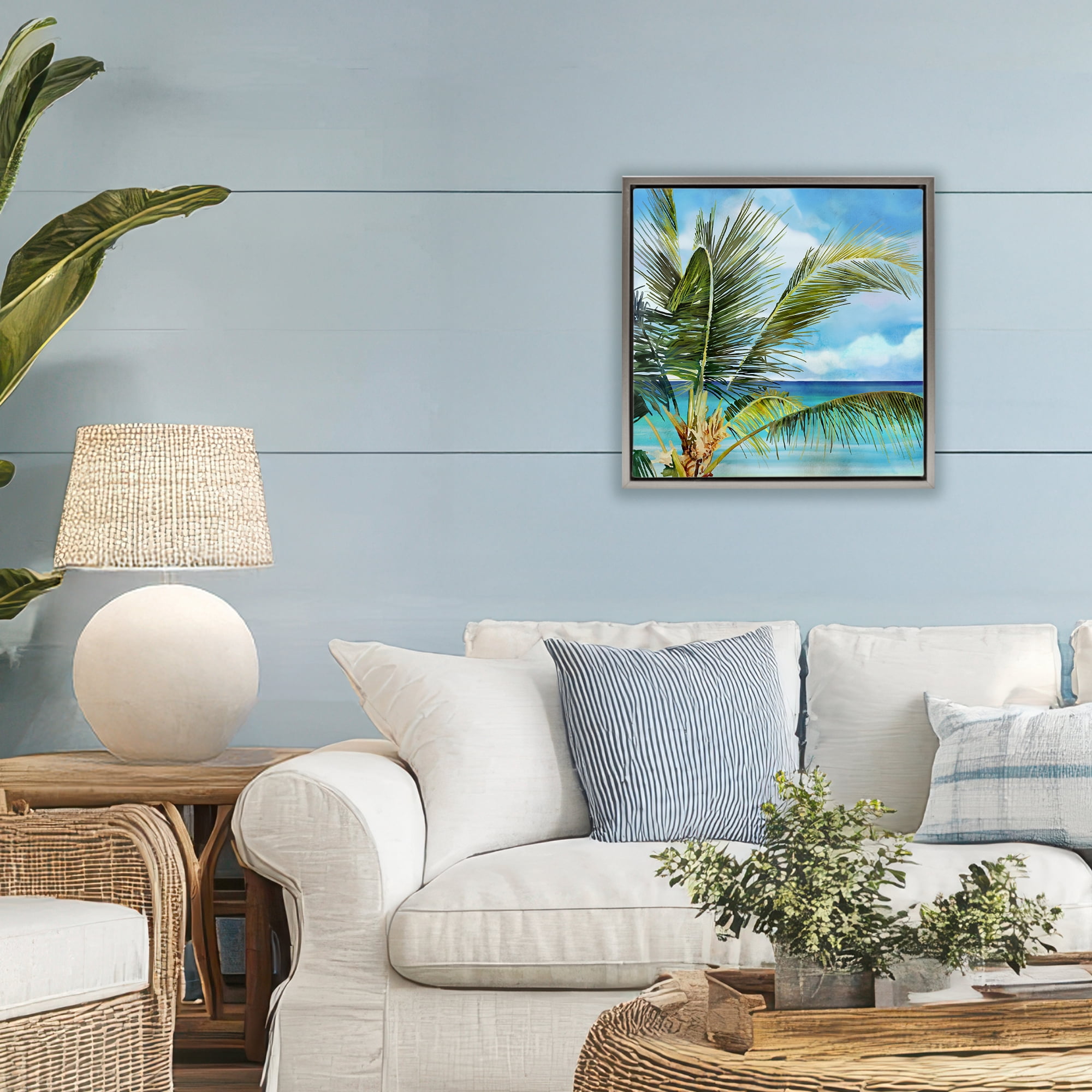 Stupell Industries Lush Palm Watercolor View Gray Framed Floater Canvas Wall Art, design by Mauro Devereaux