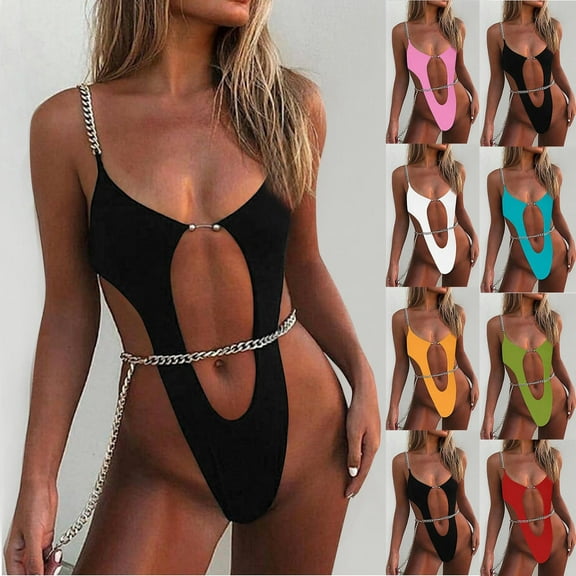 UTSJKR Women Sexy Monokini Swimsuits Deep V Neck Bodysuit Cut Out One Piece Bathing Suit Chain Linked Swimwear Black L