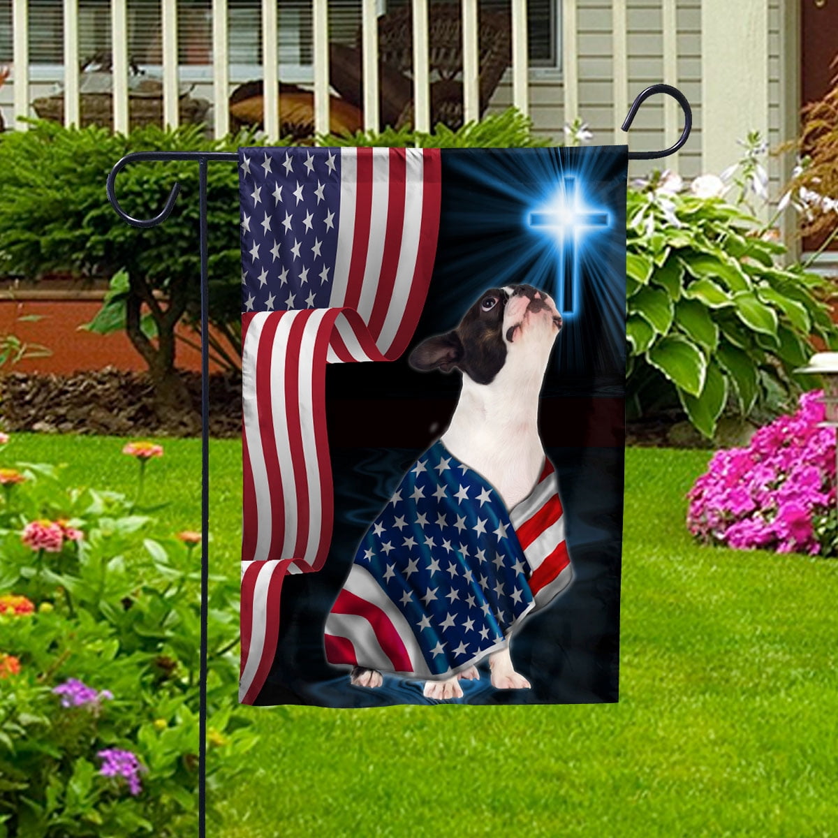 Boston Terrier Dog Wearing Flag American Faith Cross 4th of july, Dog Decor American Flag House Flag, Double-Sided Decorative Outdoor Flag, Polyester Yard Flag 29.5 x 39.5 in