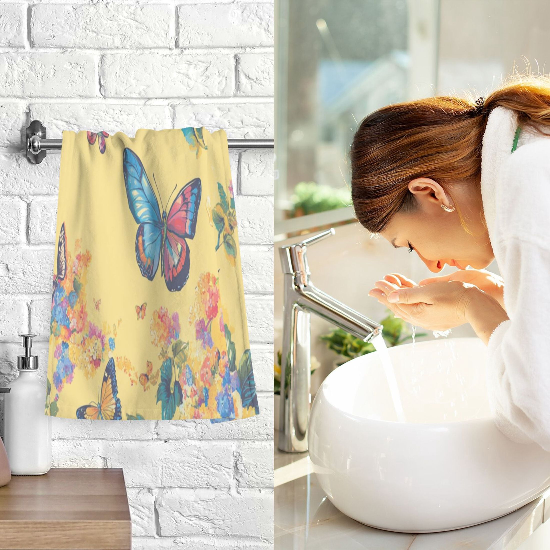 Cotton Towel Two-Piece 16x28 Inch One Sizex2 Face Towel Set Towel Set Cotton Hand Bath Towel Bathroom Beach Pale Yellow Rainbow Butterfly