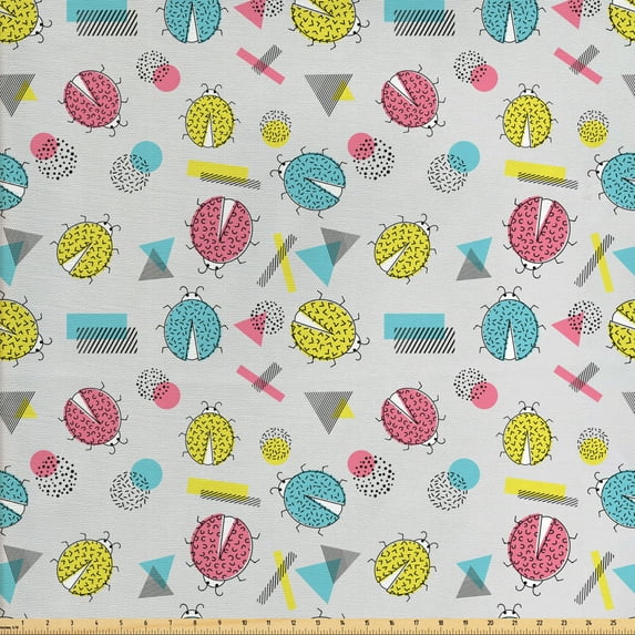 Ladybug Fabric by the Yard, Abstract Geometric Triangles Circles Lines Summer Bugs Memphis Style Arrangement, Decorative Upholstery Fabric for Chairs & Home Accents, Multicolor by Ambesonne