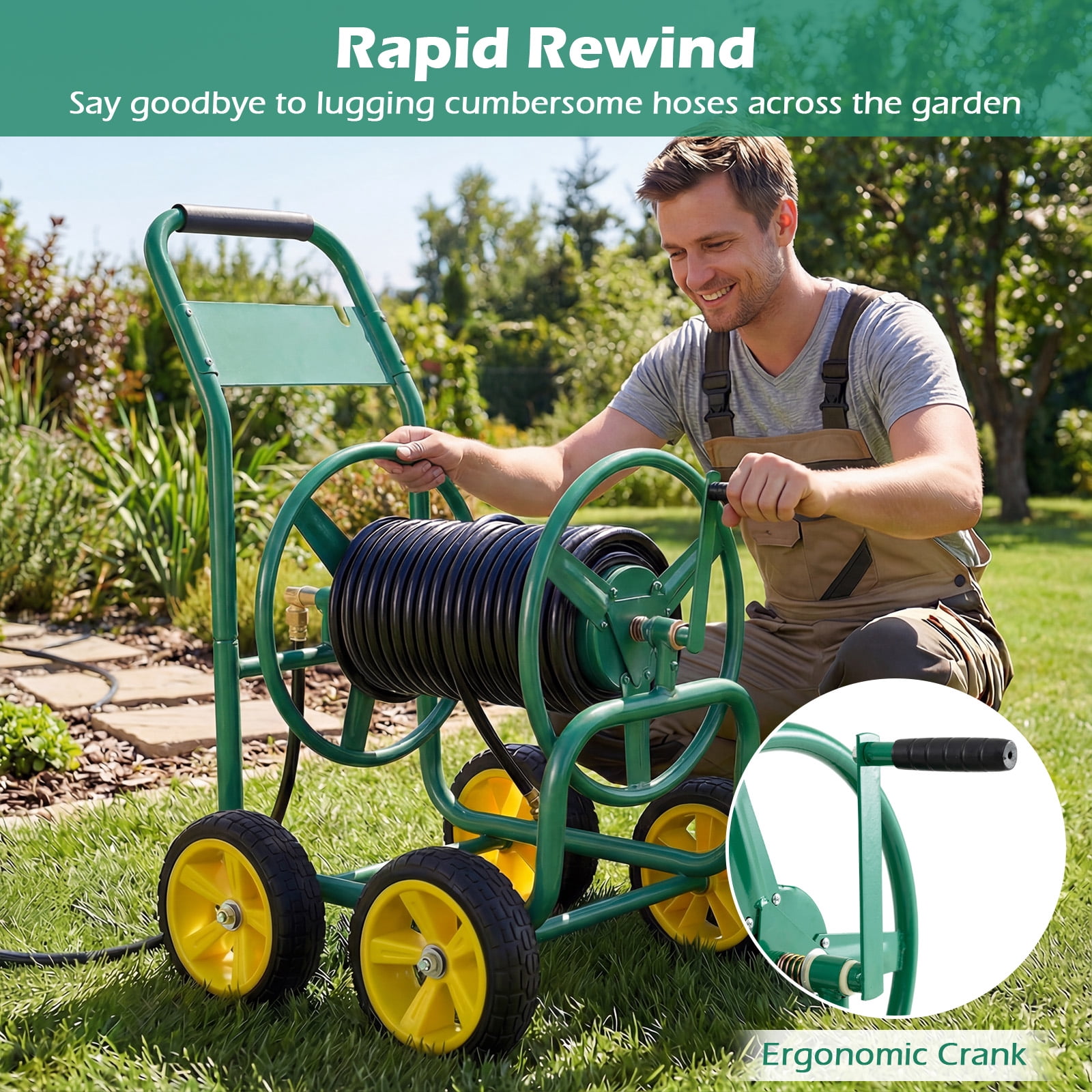 Costway Garden Hose Reel Cart 4 Wheels, 330 ft 5/8” Large Capacity for Outside Yard Lawn Green