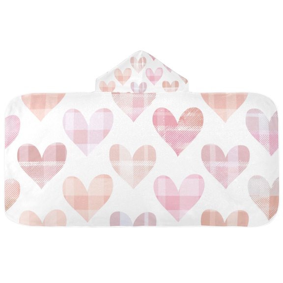 Hearts with Plaids Pattern Valentine Kids' Hooded Towel Wrap Bath Towels Bath Cape Bathrobe Unisex 50" x 23.5"