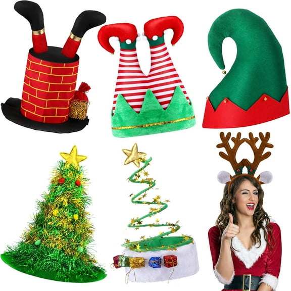 6 Pcs Christmas Hats Santa Pants, Reindeer & More for Adults & Kids Xmas Party (Cute Style)