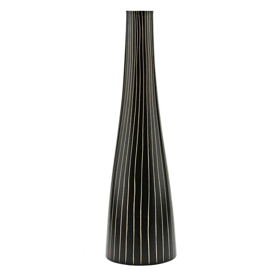 Modern Vertical Stripes Black and Natural Mango Tree Wood Bottle-Shaped Vase