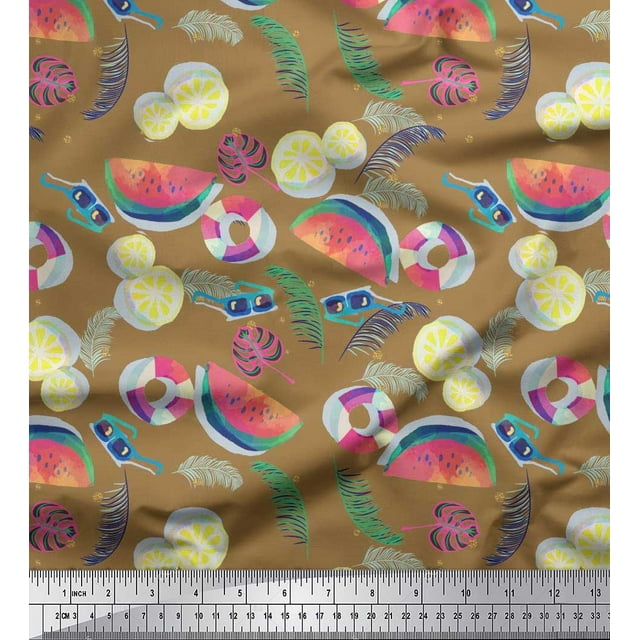 Soimoi Polyester Crepe Fabric Fruits,Swim Ring & Goggles Summer Designs Print Fabric by The Yard 42 Inch Wide