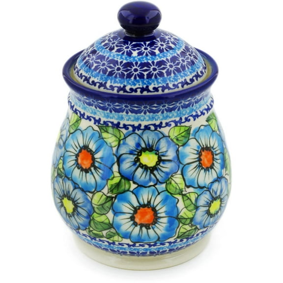Polish Pottery 8-inch Jar with Lid (Bold Blue Poppies Theme) Signature UNIKAT Hand Painted in Boleslawiec, Poland   Certificate of Authenticity