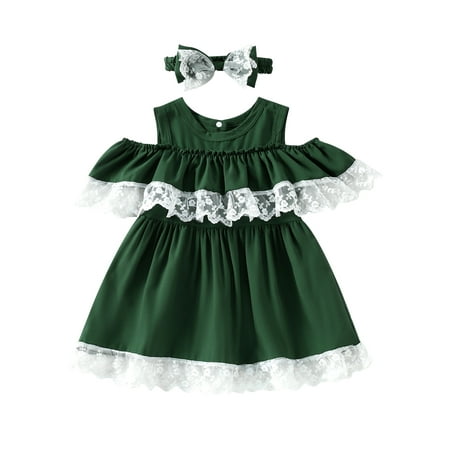

Canrulo Summer Lovely Little Girls Dress Clothing Off Shoulder Lace Ruffles A-Line Dress Headband Set Green 3-4 Years