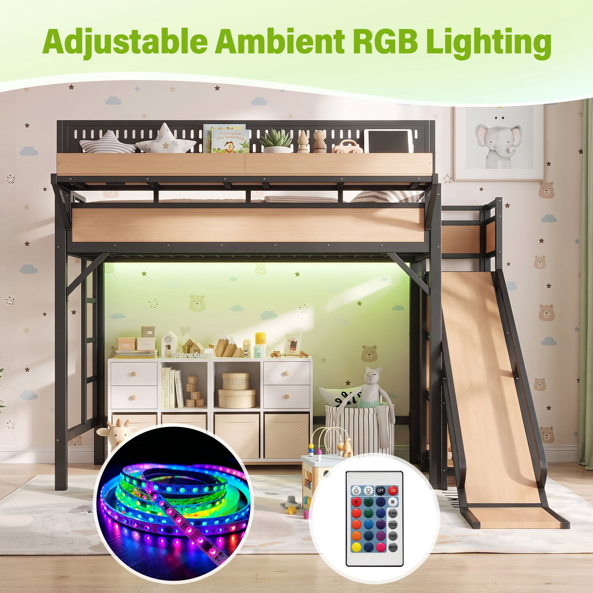 Aukfa Twin XL Loft Bed with Slide, Shelves, Wardrobe, USB Ports & LED Lights, Heavy-Duty Metal Bed Frame for Kids Teens Adults, Natural