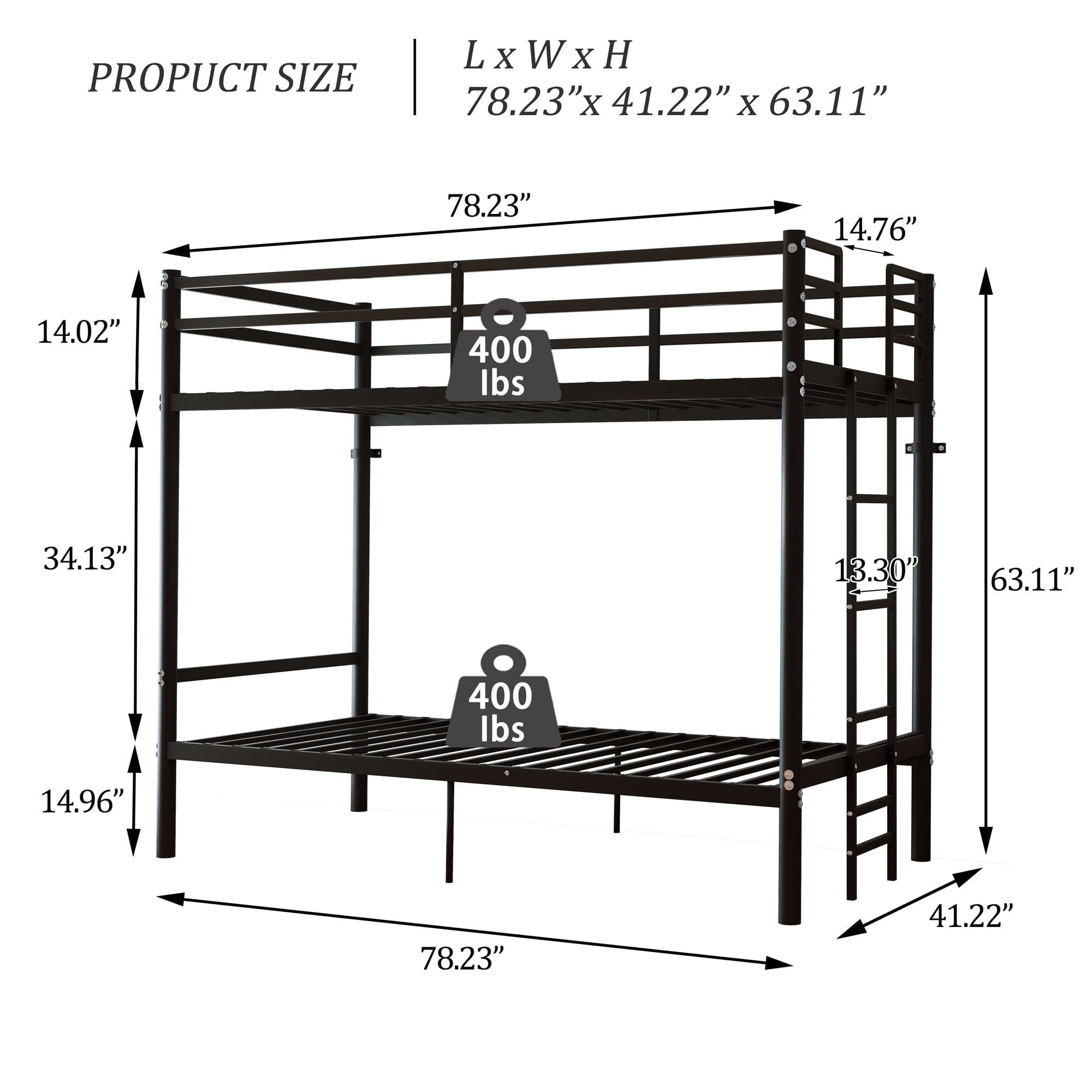 Alvantor Convertible Twin over Twin Metal Bunk Bed with Heavy-Duty Slats, Black