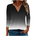 thumbnail image 2 of HOMBOM V-Neck Women Shirts 3/4 Sleeve Black Fall Gradient Color Loose Temperament T-Shirts, 2 of 6