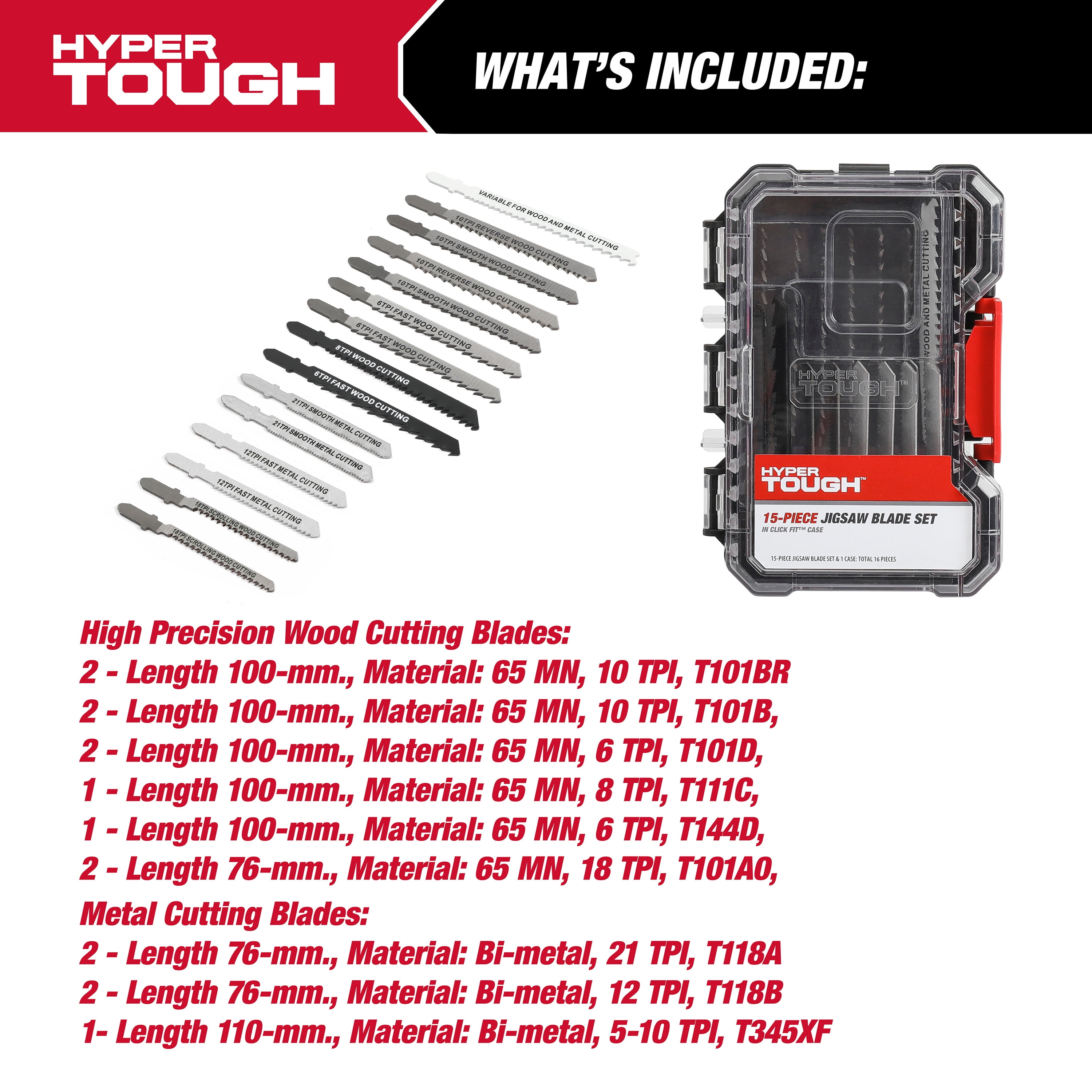 Hyper Tough 15-Piece T-Shank Jigsaw Steel Blade Set in Click Fit™ Case, Model 42984CF
