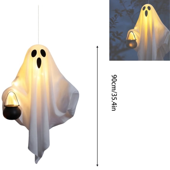35.4 inch Lighted Swinging Ghost Outdoor Decor, Swinging Ghost, Warm LED Illuminated Fabric Ghost Hanging Lantern, Cute Spooky Ornament for Lawn Window Holiday Atmosphere Decoration