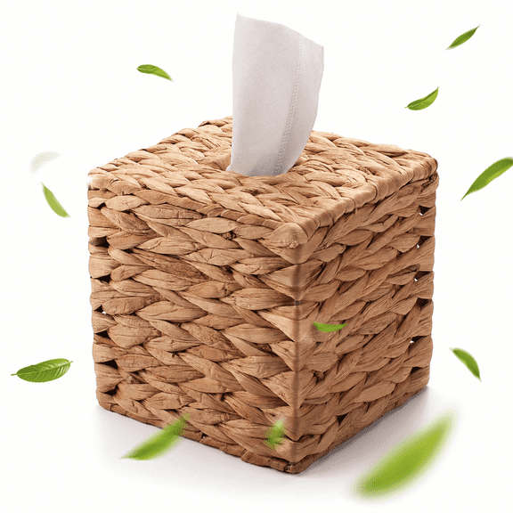 1 Pack Square Rattan Tissue Box Cover, Handwoven Water Hyacinth Tissue Holder, Boho Decorative Napkin Box, Durable Natural Wicker for Bathroom, Kitchen, Living Room & Bedroom