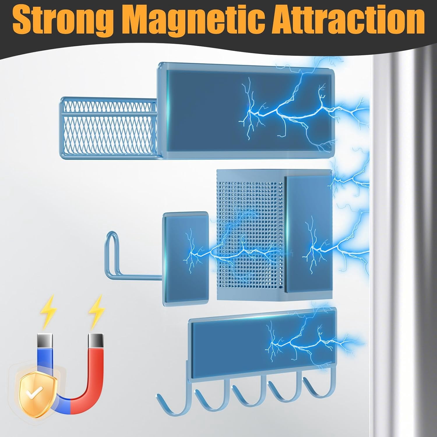 Magnetic Spice Rack for Refrigerator, 10 Pack Metal Magnetic Shelf, Moveable Spice Organizer with Hook Rack, Paper Towel Holder, Kitchenware Holder, Strong Magnetic Storage Fridge Organizer Blue