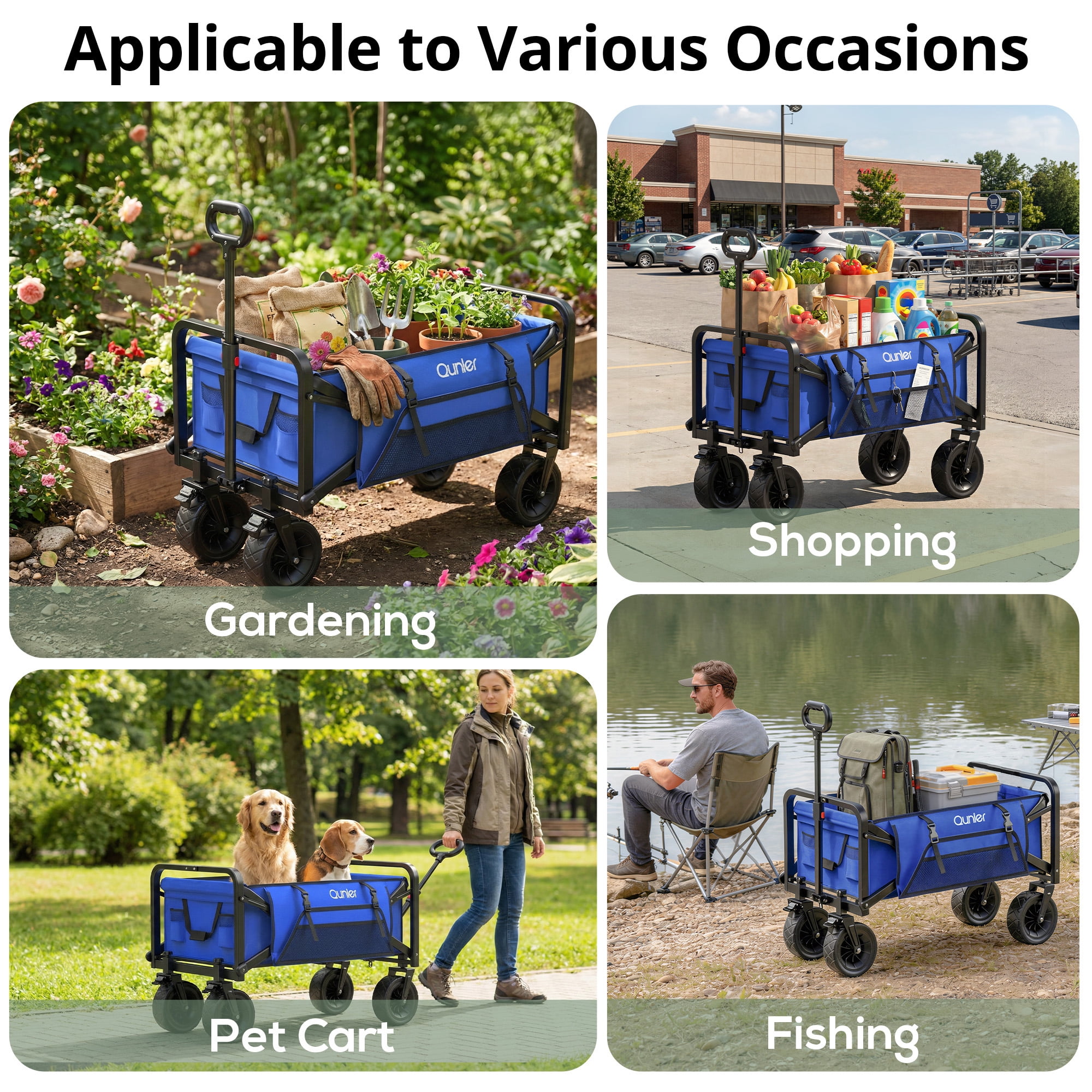 Qunler 560lbs Collapsible Folding Wagon, Heavy Duty Utility Beach Cart with 8" Wheels and Side Pocket, Large Capacity for Camping, Beach, Shopping, Sports, Outdoor, Blue