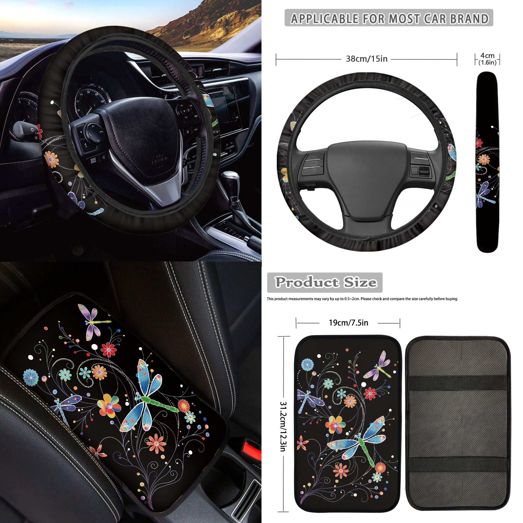 Jeiento Dragonfly Car Accessories Full Set for Women, Automotive Vehicle Seat Cover, Floral Decorative Car Floor Mat Steering Wheel Cover Center Console Pad Fit for SUV Van Truck Sedan