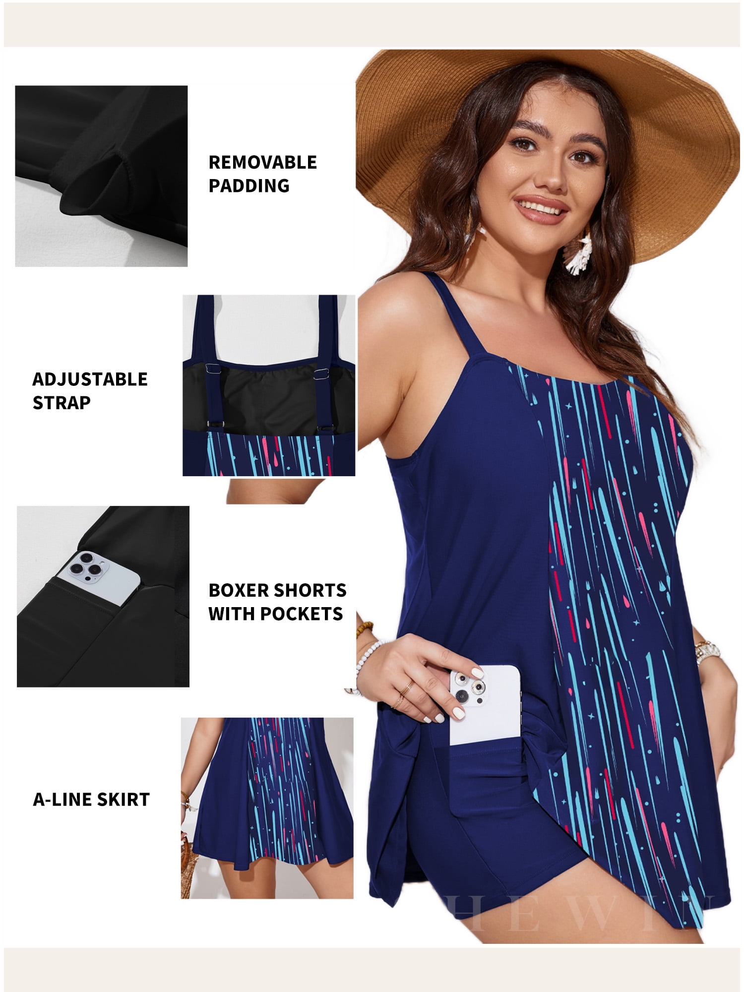 SHEWIN Woman Plus Bathing Suit One Piece Swim Dresses for Woman Tummy Control Swimm Suits with Pockets Blue Line 3X