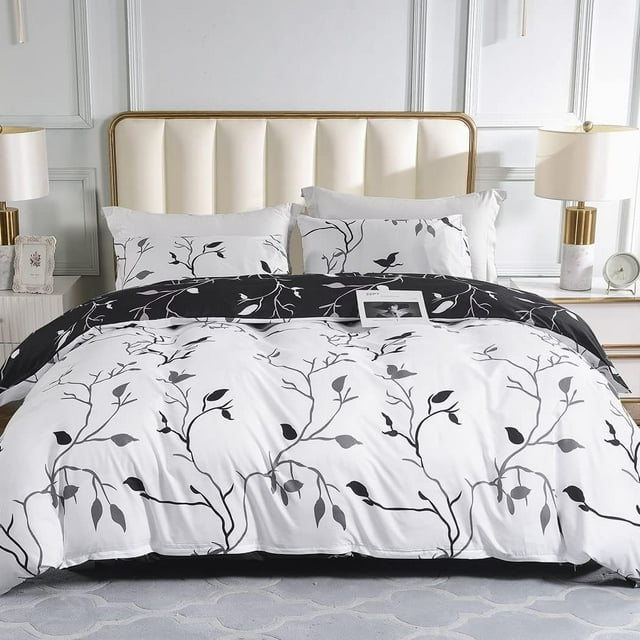 Reversible Duvet Cover Queen Tree Branch Pattern Queen Duvet Cover Set pc Soft Microfiber Breathable Botanical Bedding Sets with Zipper Ties