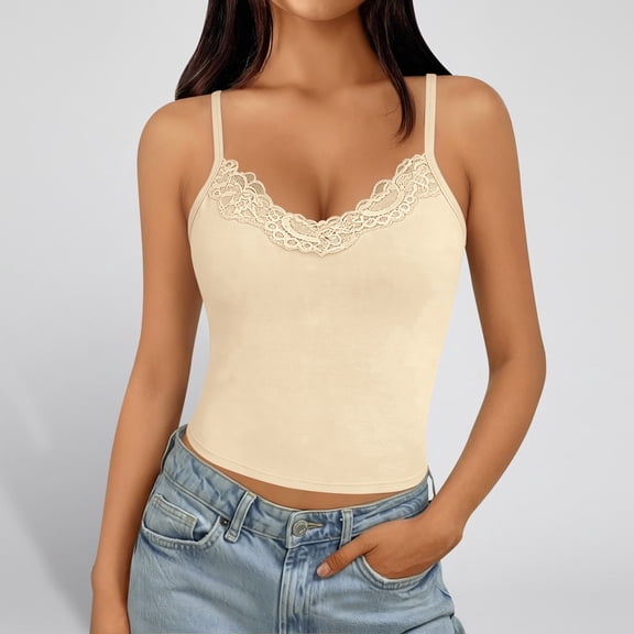 Womens Tank Tops with Built in Bra Summer Adjustable Spaghetti Straps Camisole Ribbed Cami Tanks Lace Cami(Beige,XS)