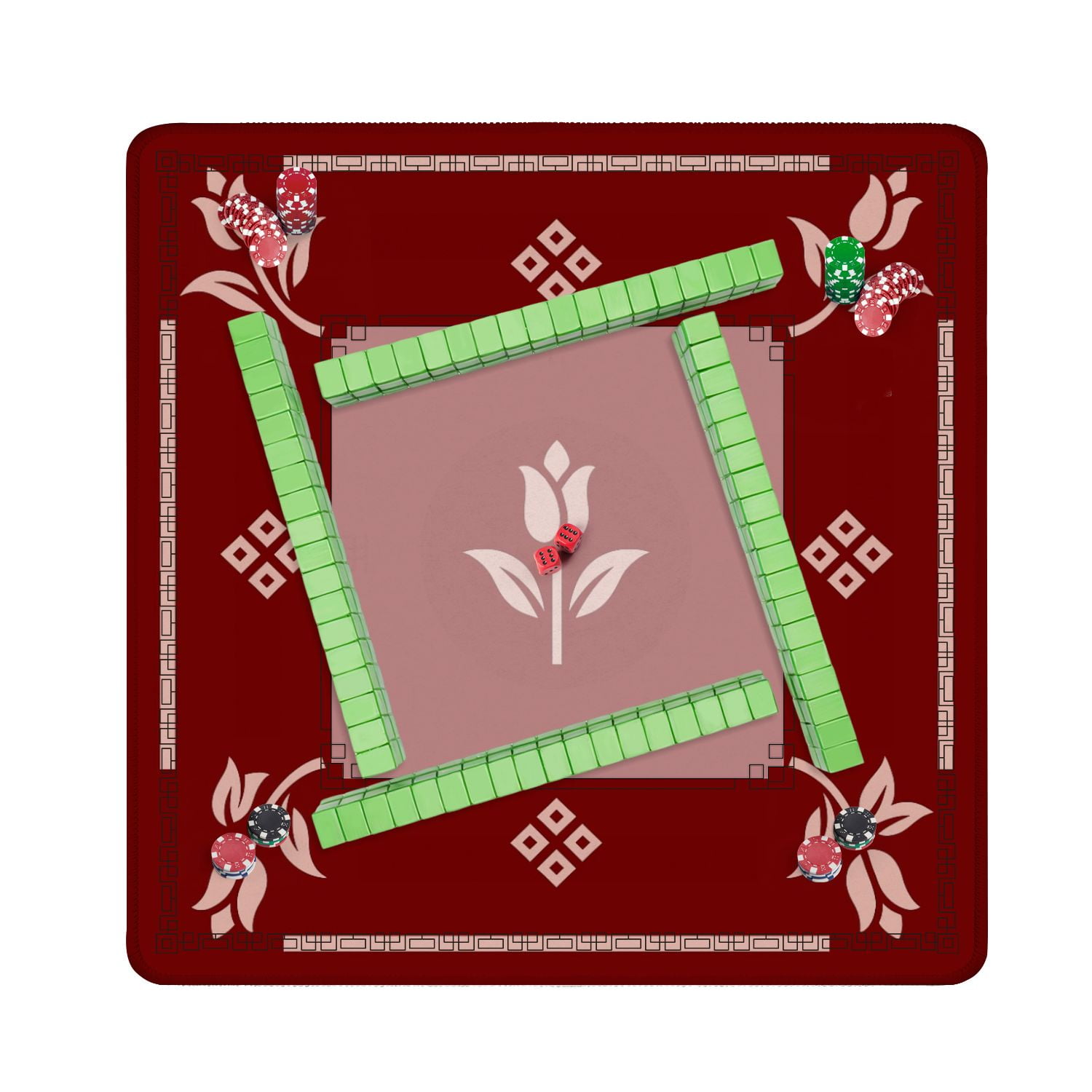 Mahjong Mat 31.5" x 31.5" Elegant Floral Tulip Motif Deep Red Anti-Slip and Noise Reduction Symmetry Design Mahjong Tiles Table Cover for Dominoes Poker Card Board and Tile Games