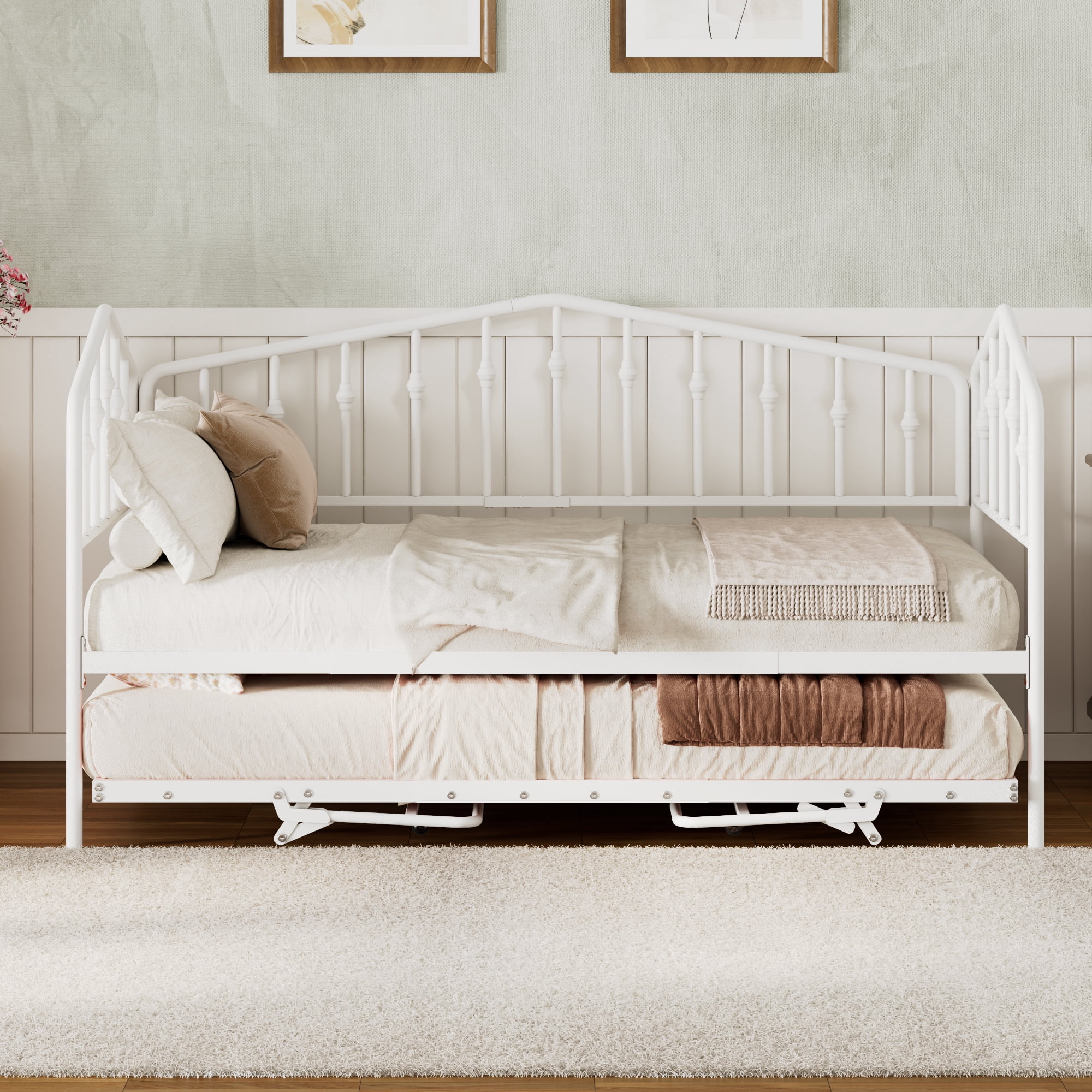 GARITIN Twin Size Metal Daybed with Adjustable Trundle, Portable Folding Trundle Bed Frame for Guest Room, White