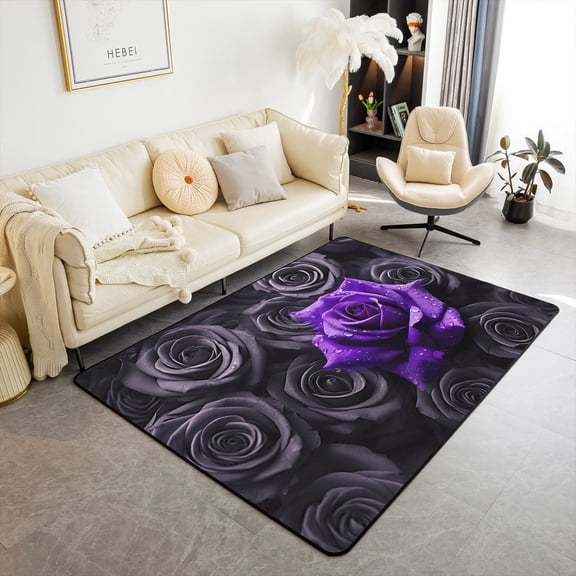 Erosebridal Black Purple Rose Area Rug 5x7 Romantic Floral Decorative Rug,3D Roses Carpet For Women Bedroom,Wedding Valentines Day Decorations Blossom Flower Area Runner Rug