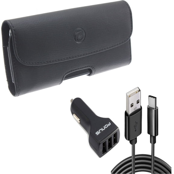 Case Belt Clip & Car Charger for iPhone 15 Pro - Leather Holster Cover Pouch and 36W 3-Port USB 4.8A Type-C Cable O4O for iPhone 15 Pro (6.1")