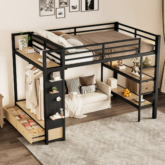 Full size Loft Bed Frame with Wardrobe and Storage Drawers, Metal Loft Bed with Storage Shelves and Pegboard for Bedroom, Apartment, Dorm, Space-Saving, Mattress Not Included, Black