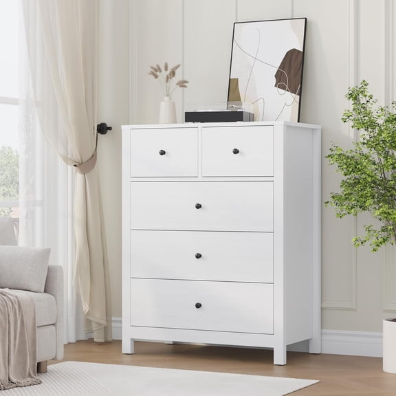 Homhougo White 5 Drawer Dresser for Bedroom, Modern Tall Dresser Organizer with Storage Drawers, Wooden Chests of Drawers for Bedroom, Entryway, Hallway, Home Office