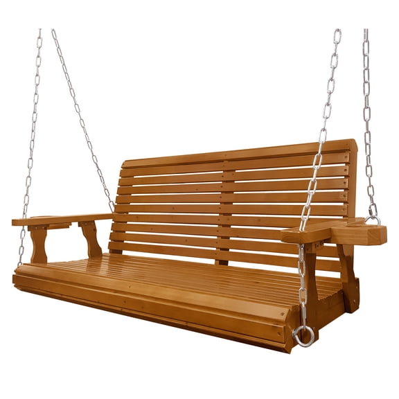 Wooden Porch Swing 2-Seater, Bench Swing with Cupholders, Hanging Chains and 7mm Springs, Heavy Duty 880 LBS, for Outdoor Patio Garden Yard (Cedar Tone, 4.5 FT Extra Large)
