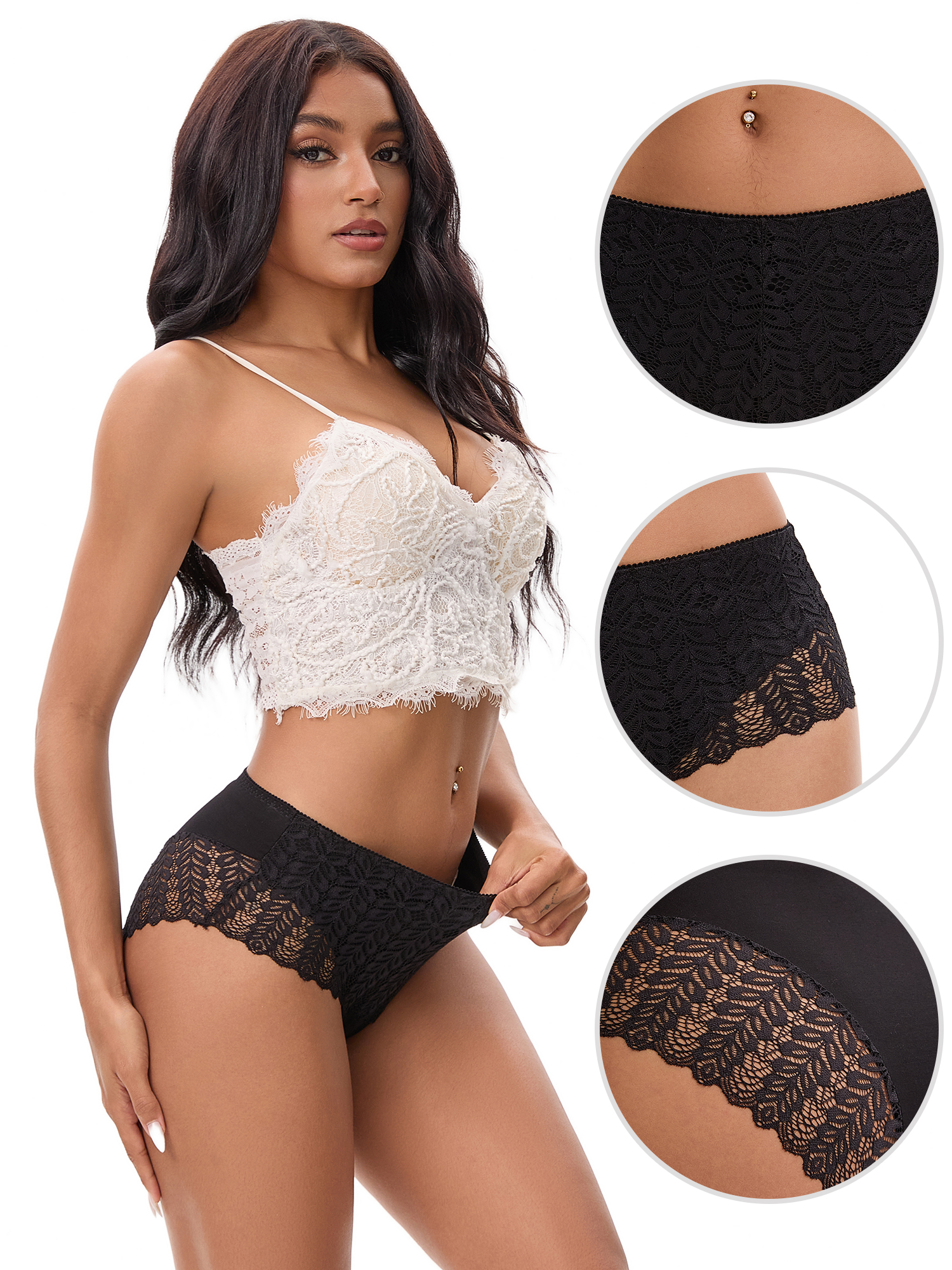 Unique Bargains Mid Rise Breathable Lace Underwear Briefs XL Black
