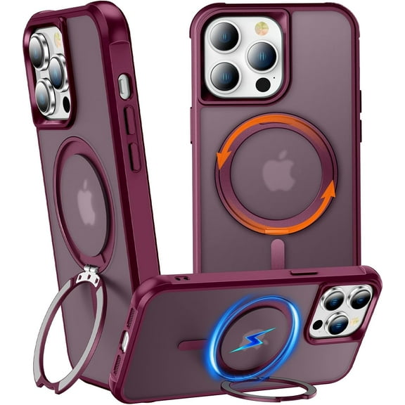 360° Rotatable Stand for iPhone 13 Pro Max Case with Magnetic [ Grade Drop Tested][Adjustable Kickstand] Ring Translucent Slim Hard Back Soft Edge, Wine Red